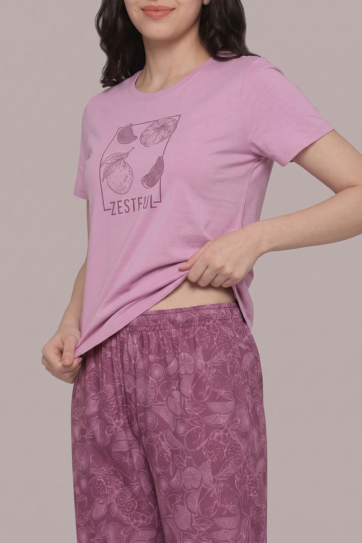Zivame Mixed Fruit Buttersoft Knit Poly Pyjama Set - Red Violet — image 5